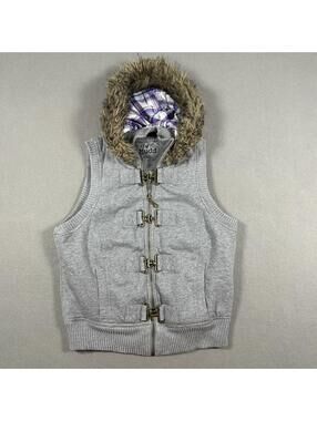 Mudd Women’s Vest Gray Fur Hood Purple Plaid Y2K